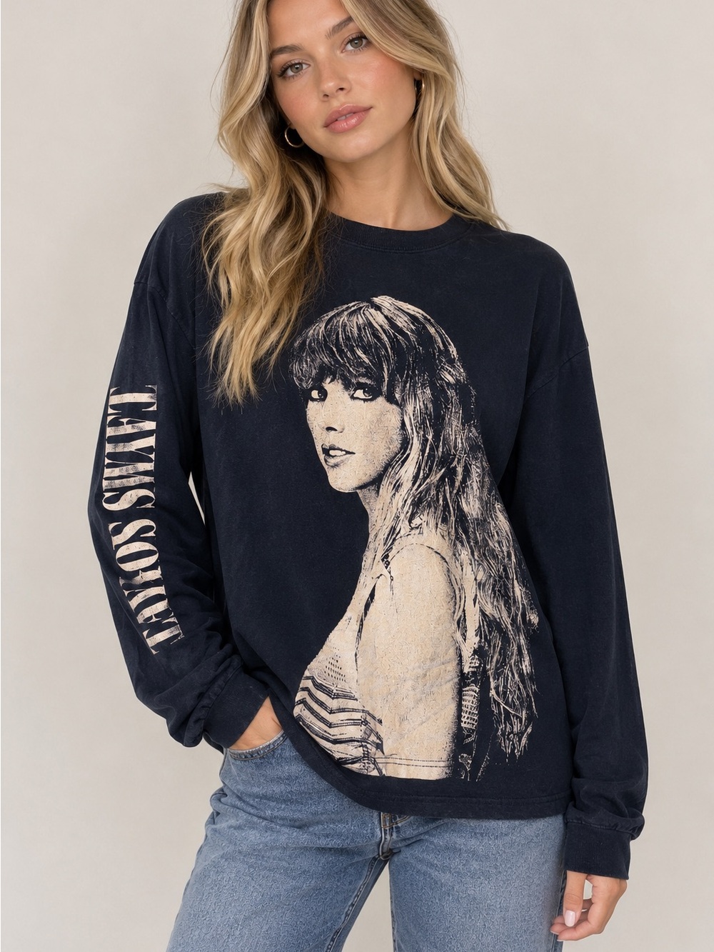 Taylor Swift Eras Tour Navy Long Sleeve Tee with White Portrait